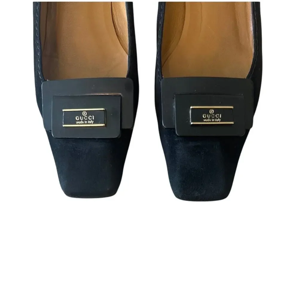 Vintage Gucci Black Suede Square Toe Kitten Heels Logo 36 - Picture 3 of 16